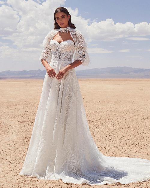 Lp2418 boho lace wedding dress with sleeves or strapless sweetheart neckline1